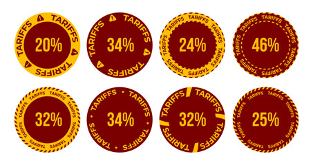 Tariff Percentage Badges With Warning Text And Circular Frames In Yellow And Red Color Scheme On Solid Background. Vector Illustration.