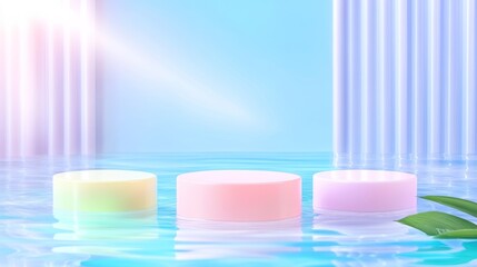 Pastel Podiums in a Serene Water Setting: A Minimalist 3D Render