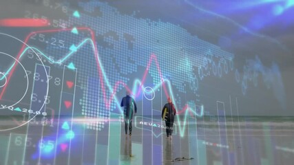 Running on beach, two people with financial data and graphs animation overlay - Powered by Adobe