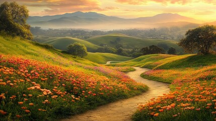 Obraz premium A peaceful hilltop trail meandering past a kaleidoscope of colorful blooms under a gently glowing sky.