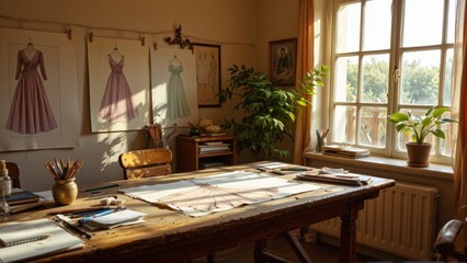 Fototapeta premium Dressmaker's Studio with Fashion Sketches
