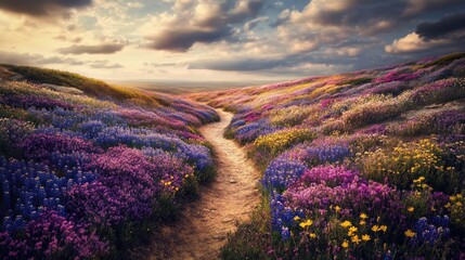 Obraz premium A scenic hillside trail covered in colorful wildflowers, curving gently under a partly cloudy sky with soft sunlight.