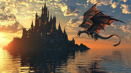 Fototapeta premium Dragon Soaring Towards Majestic Island Castle at Sunset