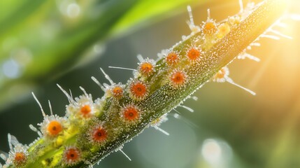 Fototapeta premium Close-up of Green Grass Stalk with Orange Spores and Sunlight