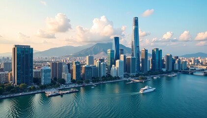Fototapeta premium Busy metropolis skyline with skyscrapers and waterfront view, architecture, busy, Hong Kong
