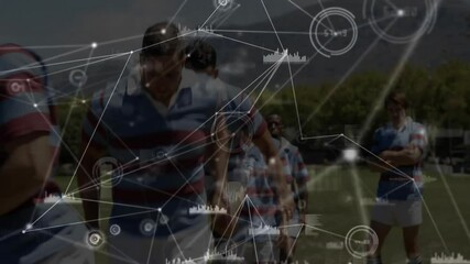 Rugby players in action, data processing animation overlay in background - Powered by Adobe