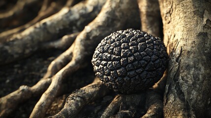 Obraz premium Black Truffle Resting Near a Tree Root Earthy Natural Presentation