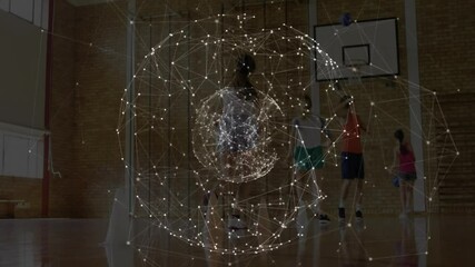 Playing basketball in gym, network of connections and data processing animation - Powered by Adobe