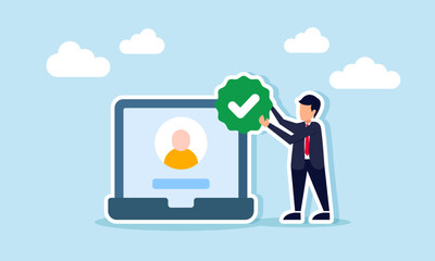 A businessman holding a checkmark badge stands next to a laptop displaying a person's profile, illustration of business account security protection