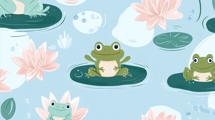 Fototapeta premium Adorable Frogs and Waterlilies in a Childish Seamless Pattern for Kids' Decorative Design