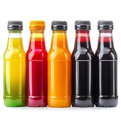 Colorful Fruit Juice Bottles Variety Isolated on White Background Close Up