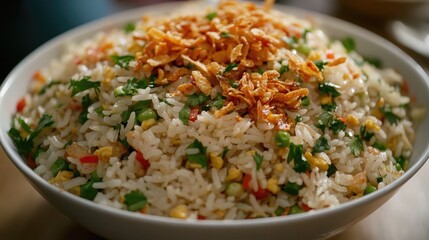 Northern fried rice with a golden hue, garnished with coriander and crispy fried garlic.
