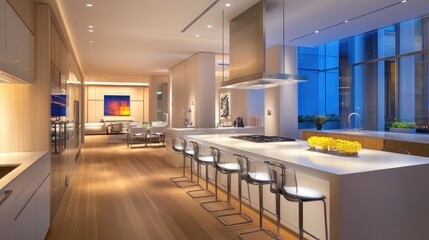 Stylish modern kitchen with a long white island and sleek metal-frame high chairs.