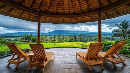 Obraz premium A circle of wooden lounge chairs under a shaded pavilion, offering a stunning view of rice fields and misty mountains.