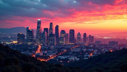 Cityscape of downtown Los Angeles with tall buildings against colorful sunset sky, city lights, skyscrapers