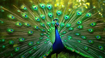 Obraz premium A peacock with vibrant green and blue plumage displays its magnificent tail feathers.
