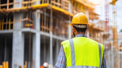 A Hispanic construction worker coordinating with team members at a construction site. Featuring teamwork and leadership