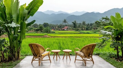 A quiet countryside retreat with an open-air seating circle, overlooking endless rice paddies and distant misty mountains.