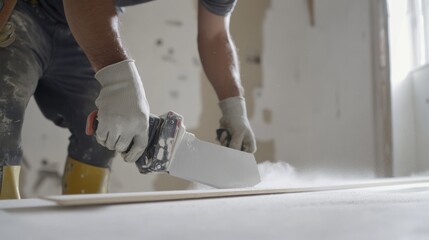 A Hispanic construction worker cutting drywall at a construction site. Featuring skill and precision