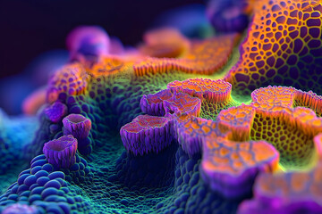 A vibrant, 3d rendering of intricate, colorful cellular structures.