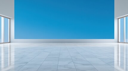 Obraz premium Modern Minimalist Interior Design: Spacious Room with Blue Wall and Marble Floor