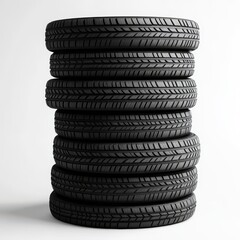 Stack of black vehicle tires arranged on a white background setup on transparent background
