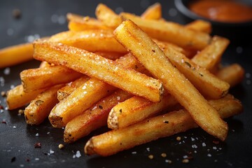 Golden, crispy fries seasoned with salt and pepper.  Served with a side of dipping sauce