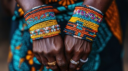 Dark-skinned hands adorned with vibrant beaded bracelets and rings