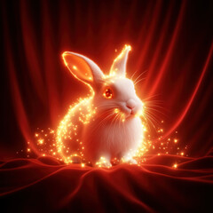 A white rabbit is sitting on a red cloth with a glowing effect around it. The rabbit is surrounded by a lot of sparkles, which gives the image a magical and whimsical feel