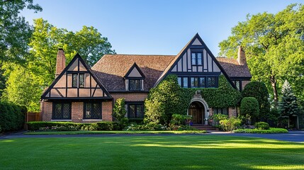 Obraz premium House with English-Style Garden and Hedges, Large Open Green Lawn for Parties