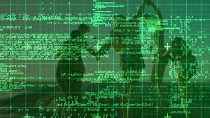 Silhouettes of people dancing over green digital code and data animation - Powered by Adobe