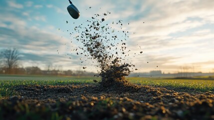 The power of a golf club on display as the ball is struck, sending a cloud of dirt and grass fragments upward.