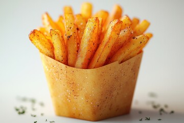 Golden french fries in a paper container, sprinkled with herbs