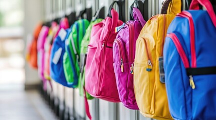 A bright, welcoming school hallway lined with colorful lockers and organized backpacks.