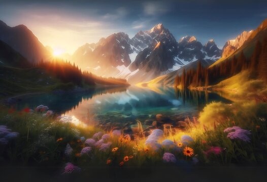 A serene mountain lake at sunrise, crystal-clear water reflecting snow-capped peaks, soft golden light, vibrant wildflowers in the foreground