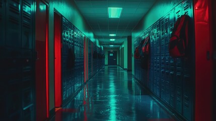 Fototapeta premium A long corridor lined with blue and red lockers, backpacks stacked in an orderly fashion.