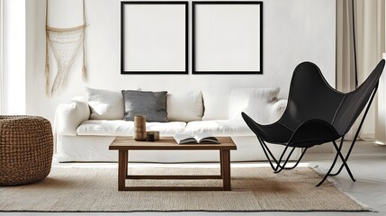 Minimalist Scandinavian Living Room with Blank Frames on White Wall