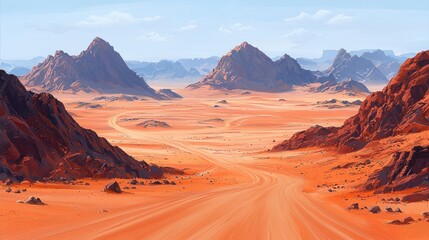 Naklejka premium Desert landscape with mountains and winding road under a clear sky