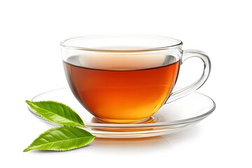Transparent Cup of Tea with Two Fresh Green Tea Leaves on White Background
