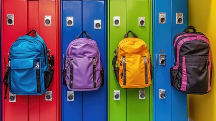 A well-organized row of bright school lockers with stylish backpacks in front.