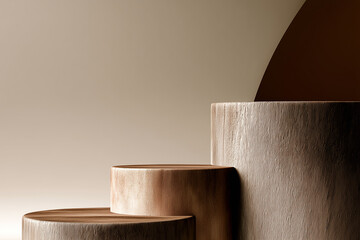 wood product display podium on a beige background,ideal mockup for product display presentation backdrop design