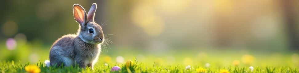 Standing gray bunny rabbit, fluffy fur, long ears, Easter, adorable, image