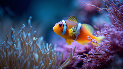 Close-up of Clownfish Swimming Near Anemones with Blank Space on Right