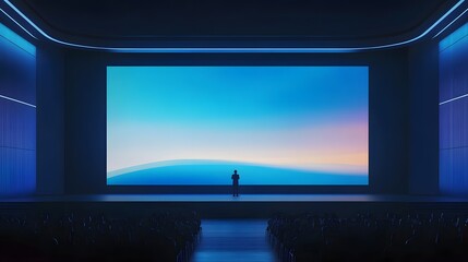 Fototapeta premium Person stands before large screen displaying abstract landscape in dark futuristic room.