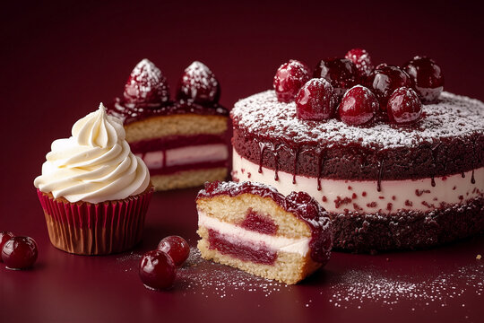 a photo realistic photograph of 3 desserts, cupcake, a medium plain millionaires shortbread and a large impressive cake with lots of decoration.