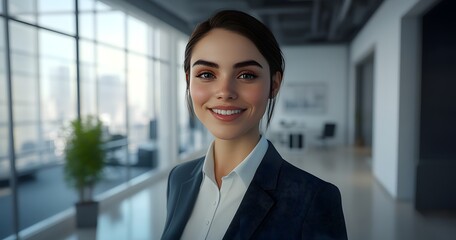 Smiling woman in a suit stands in a bright modern office interior.