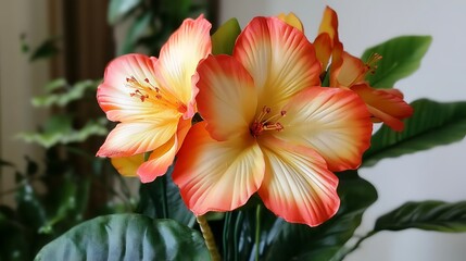 Fototapeta premium Vibrant Orange Yellow Hibiscus Flowers with Green Leaves in a Decorative Arrangement