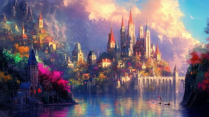 Obraz premium A vibrant, fairytale city nestled on a hill overlooking a tranquil lake.