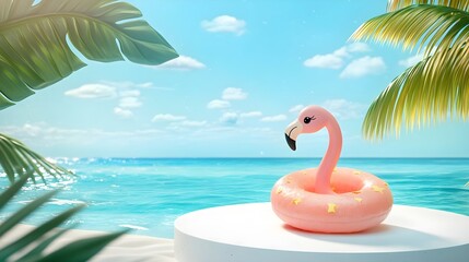 Obraz premium Summer Vibes with Pink Flamingo Float on White Podium by Ocean