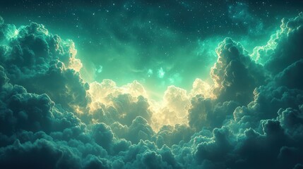 Fototapeta premium Dreamy teal sky with fluffy clouds and a glowing center, starry expanse
